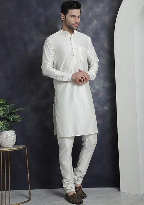 Off White Embroidered Poly Blend Kurta Set For Men