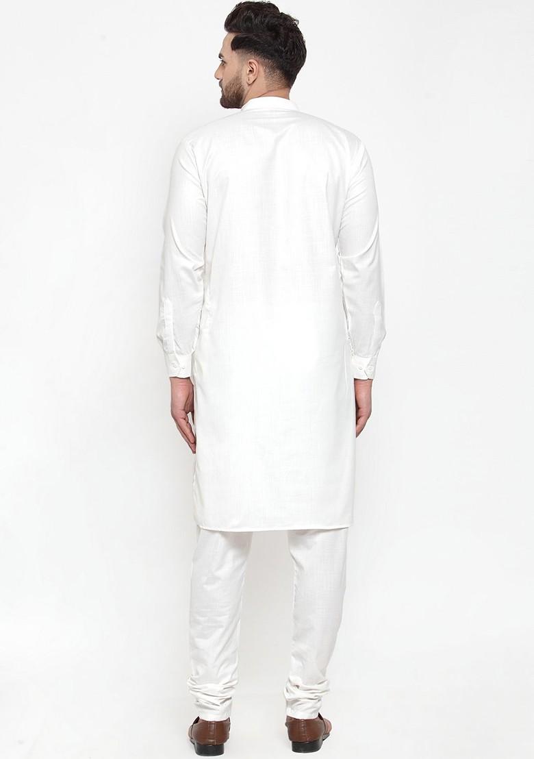 Off White Embroidered Poly Blend Kurta Set For Men