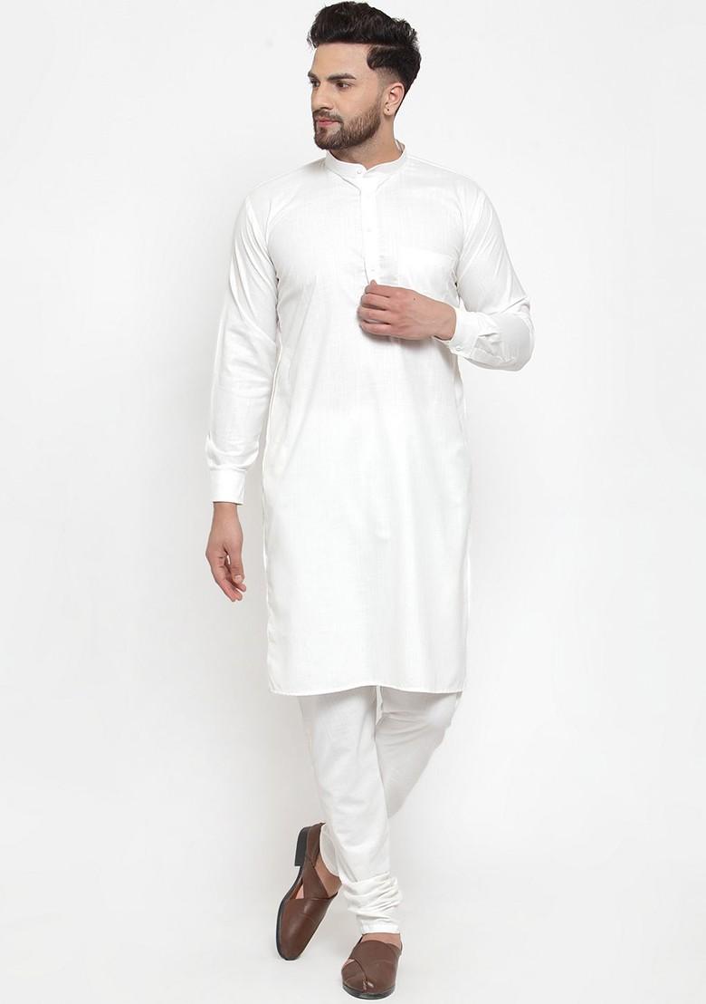 Off White Embroidered Poly Blend Kurta Set For Men