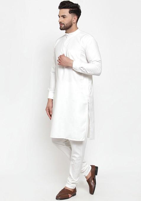 Off White Embroidered Poly Blend Kurta Set For Men