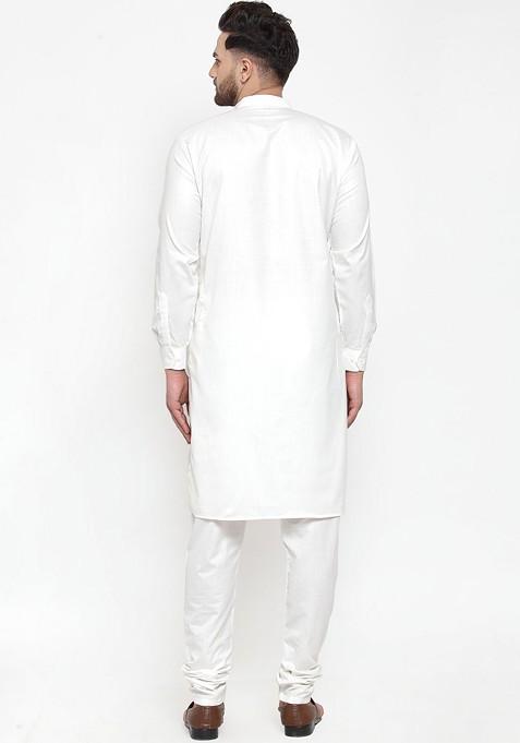 Off White Embroidered Poly Blend Kurta Set For Men