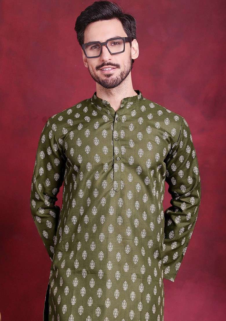 Olive Printed Poly Blend Kurta Set For Men - Indya