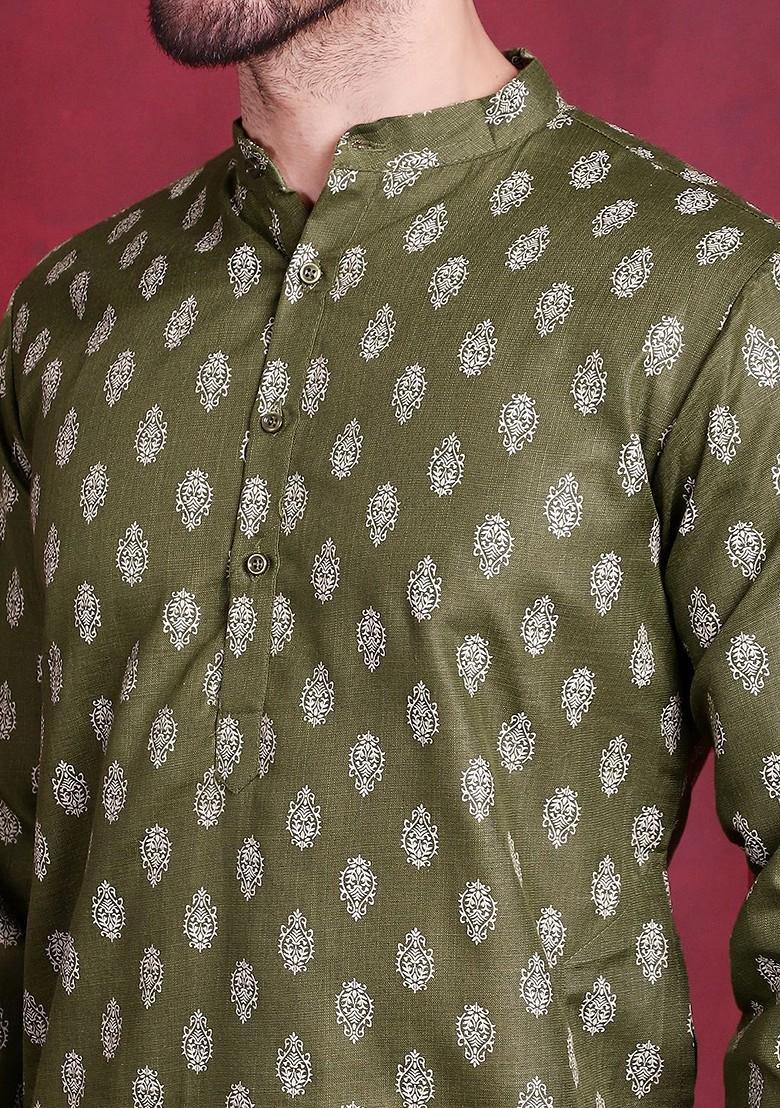 Olive Printed Poly Blend Kurta Set For Men