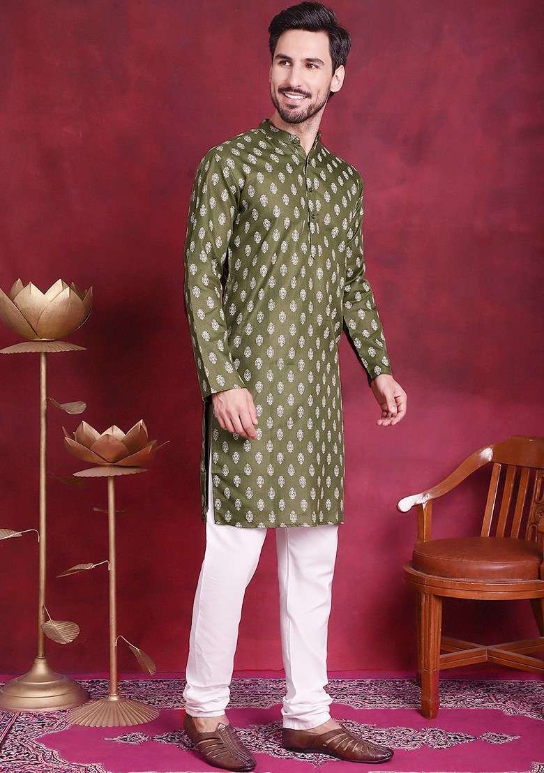 Olive Printed Poly Blend Kurta Set For Men - Indya
