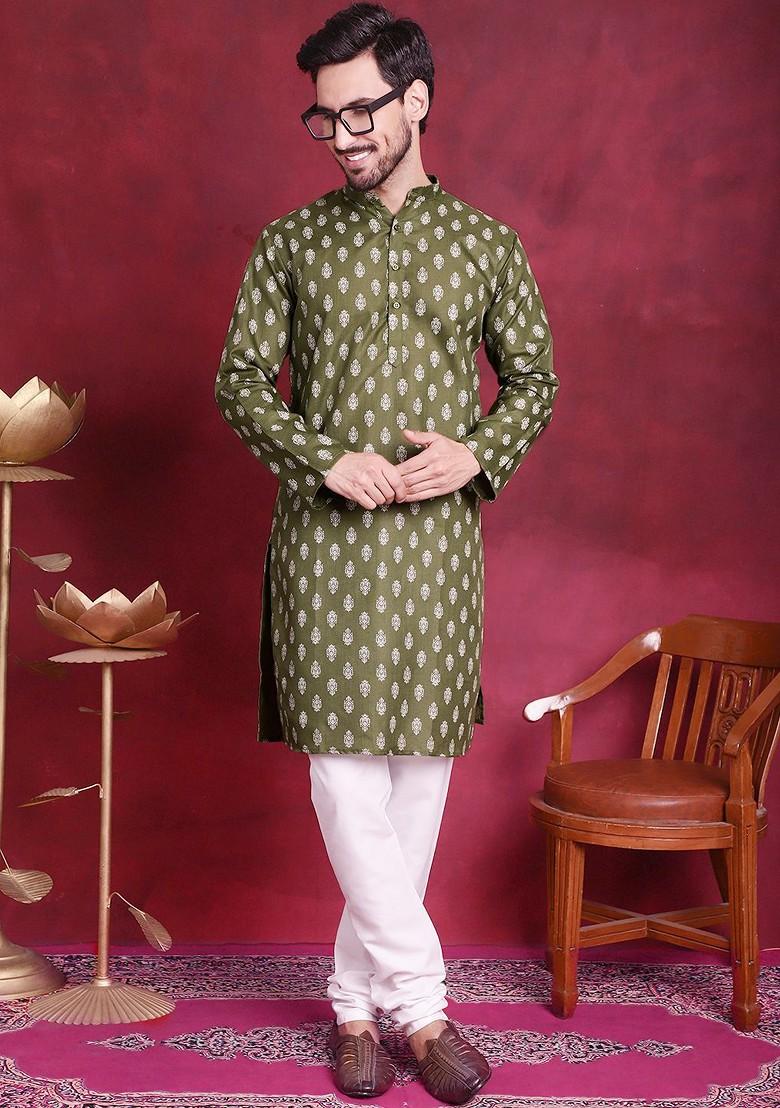 Olive Printed Poly Blend Kurta Set For Men