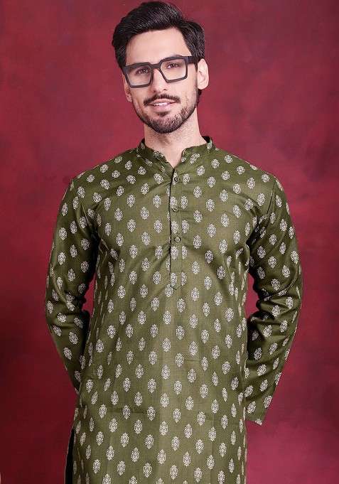 Olive Printed Poly Blend Kurta Set For Men