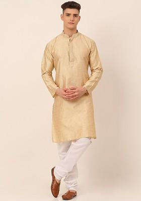 Beige Embroidered Poly Blend Kurta Set For Men