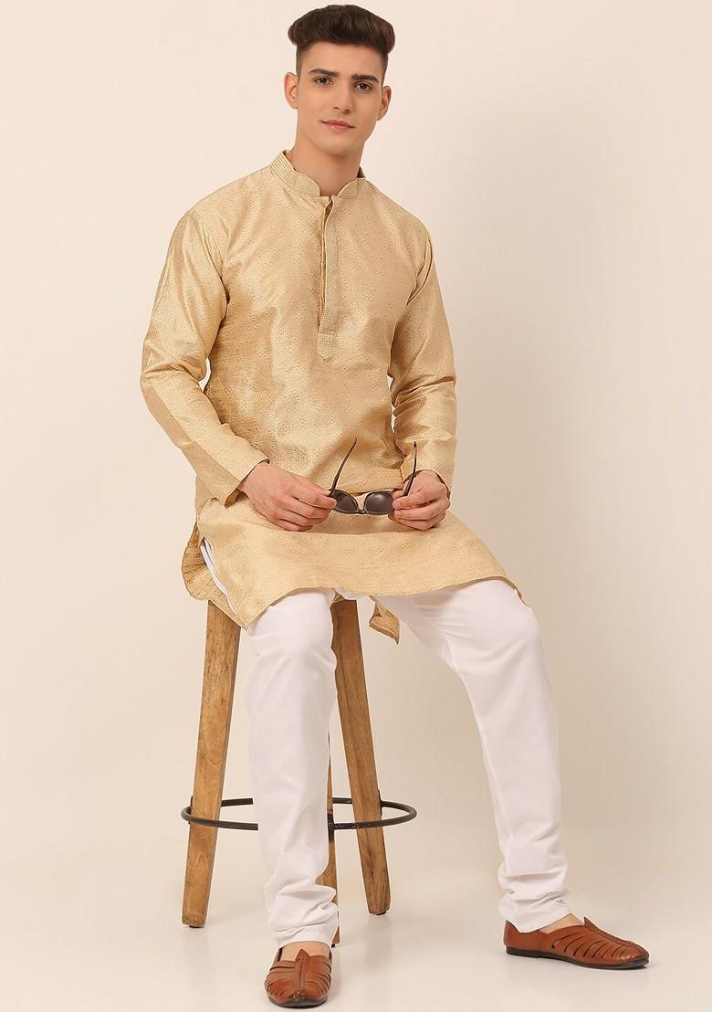 Beige Embroidered Poly Blend Kurta Set For Men