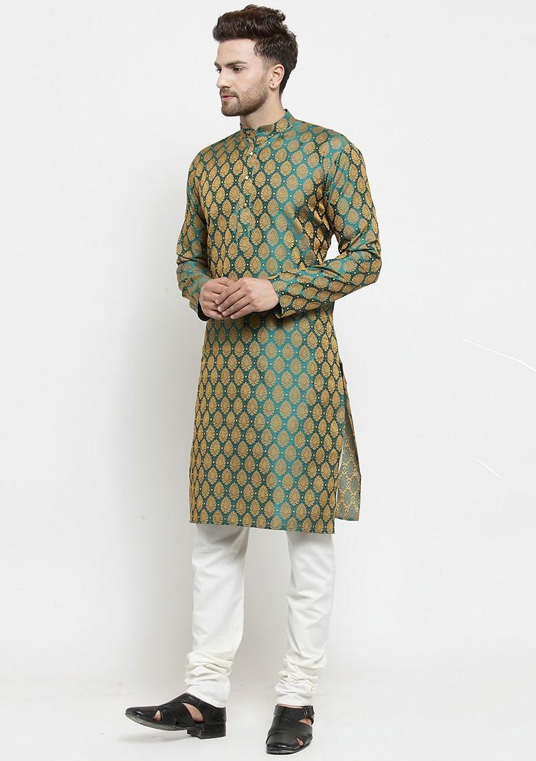 Sea Green Embroidered Poly Blend Kurta Set For Men