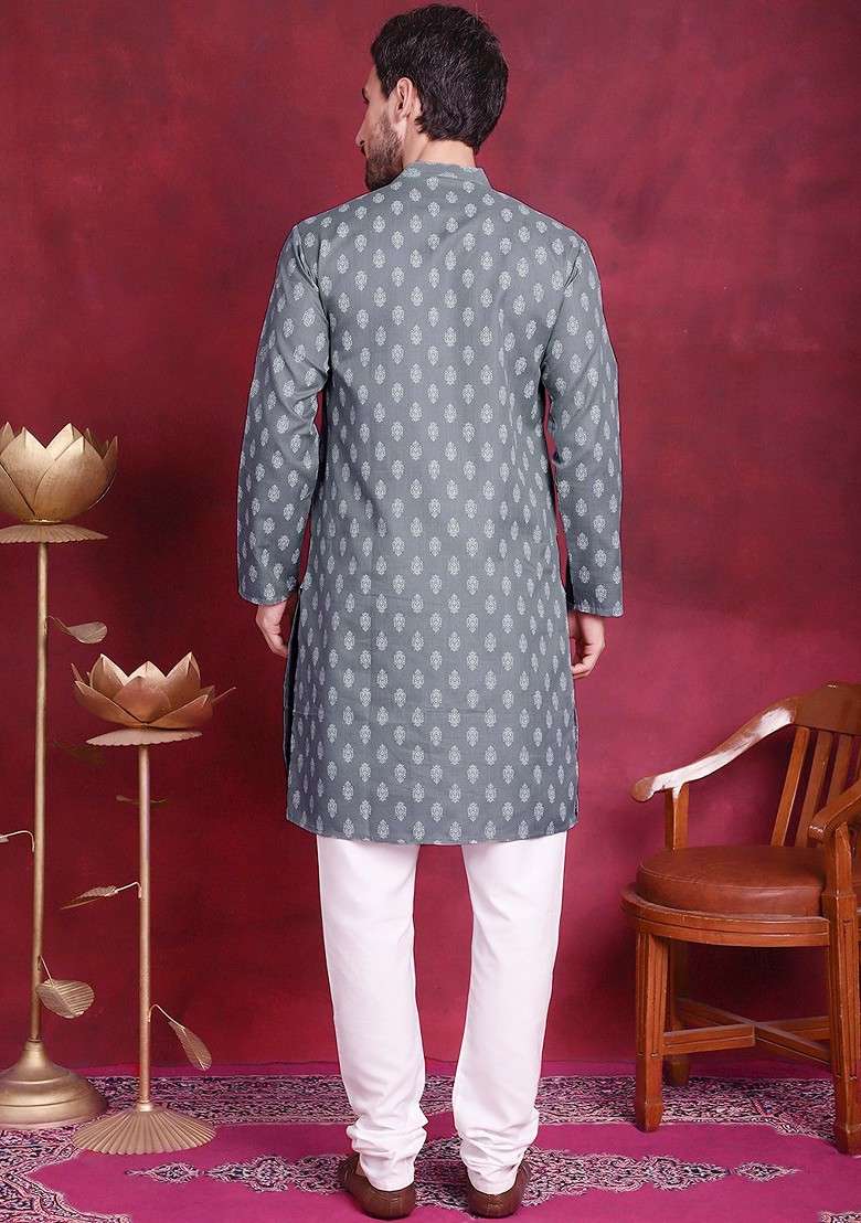 Grey Printed Poly Blend Kurta Set For Men - Indya