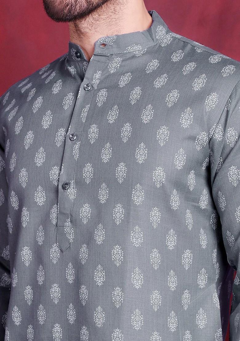 Grey Printed Poly Blend Kurta Set For Men