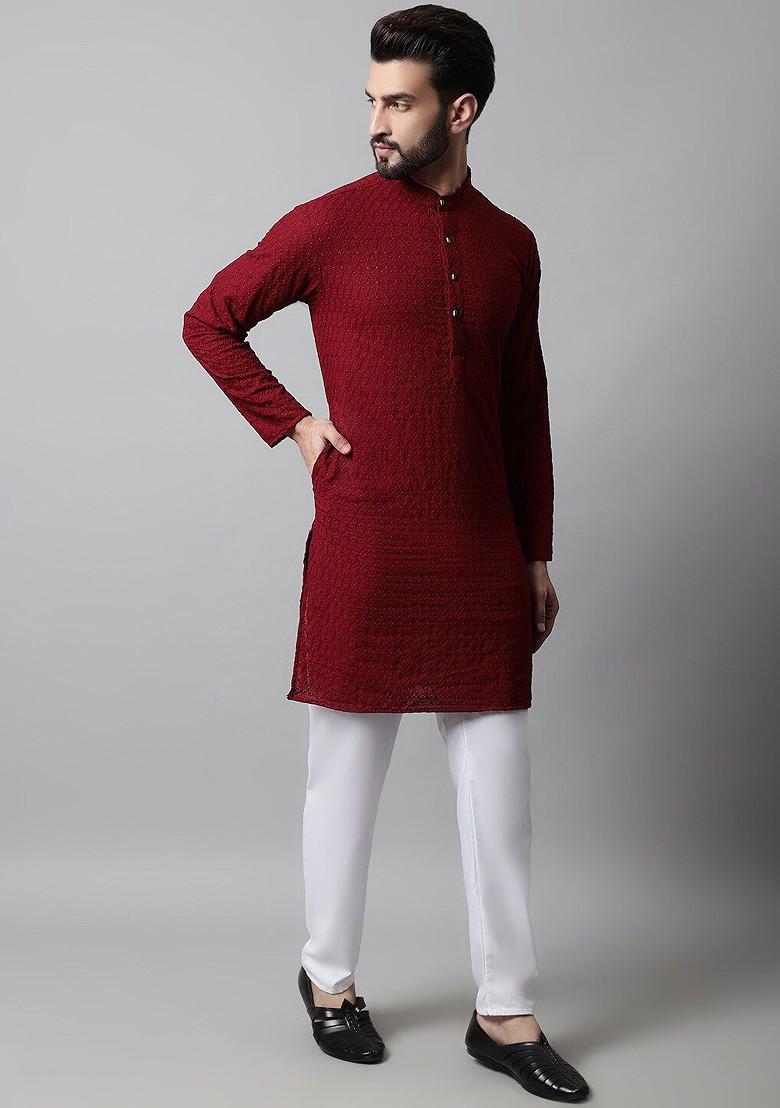 Maroon Embroidered Poly Blend Kurta Set For Men