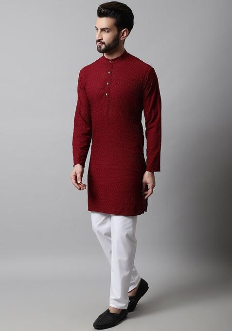 Maroon Embroidered Poly Blend Kurta Set For Men