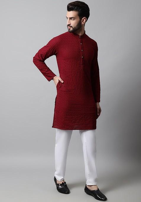 Maroon Embroidered Poly Blend Kurta Set For Men