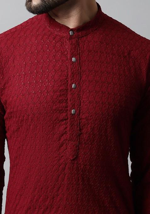 Maroon Embroidered Poly Blend Kurta Set For Men