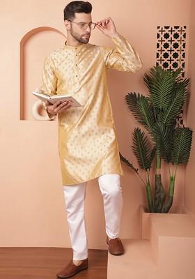 Gold Woven Design Poly Blend Kurta Set For Men