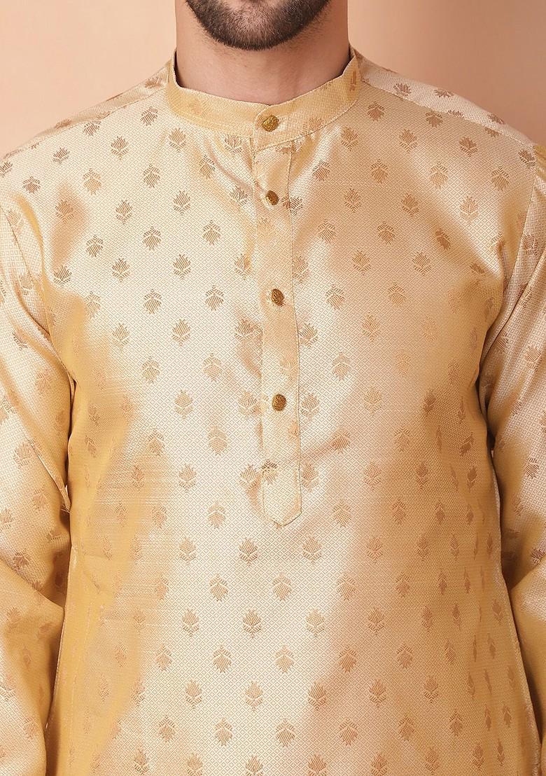 Gold Woven Design Poly Blend Kurta Set For Men
