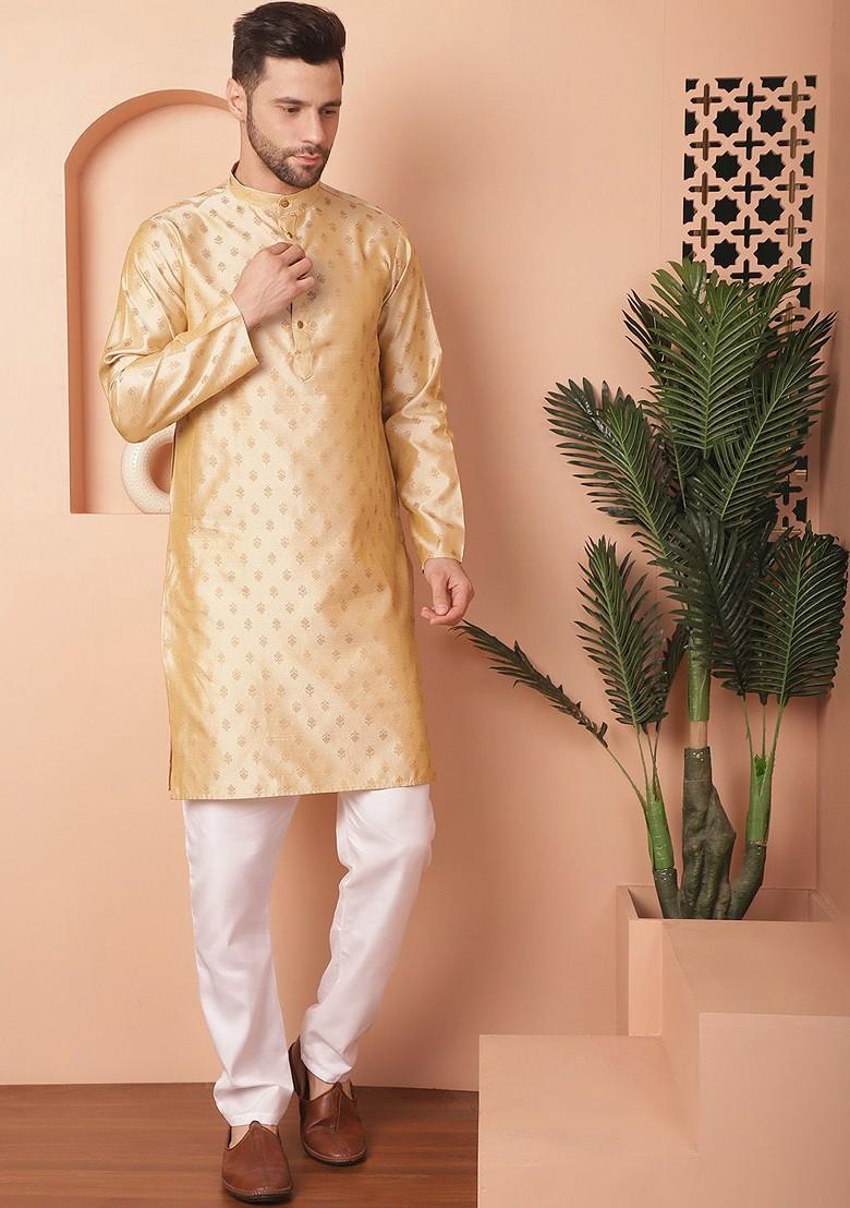 Gold Woven Design Poly Blend Kurta Set For Men
