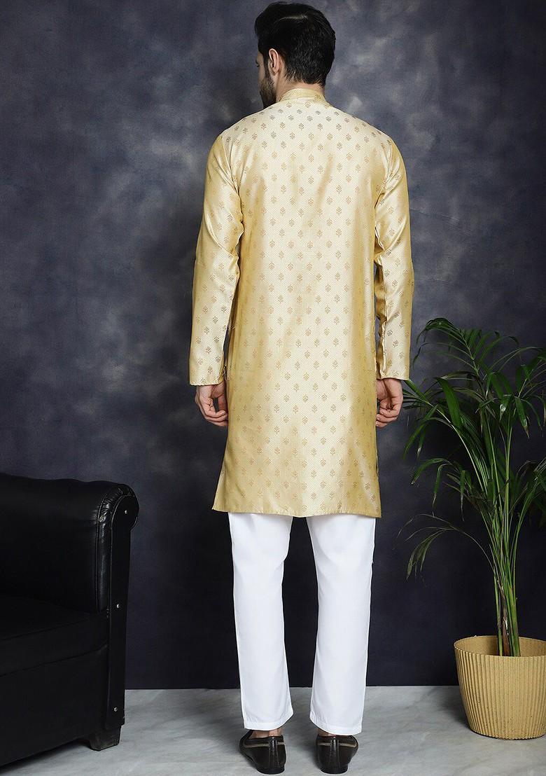 Gold Woven Design Poly Blend Kurta Set For Men