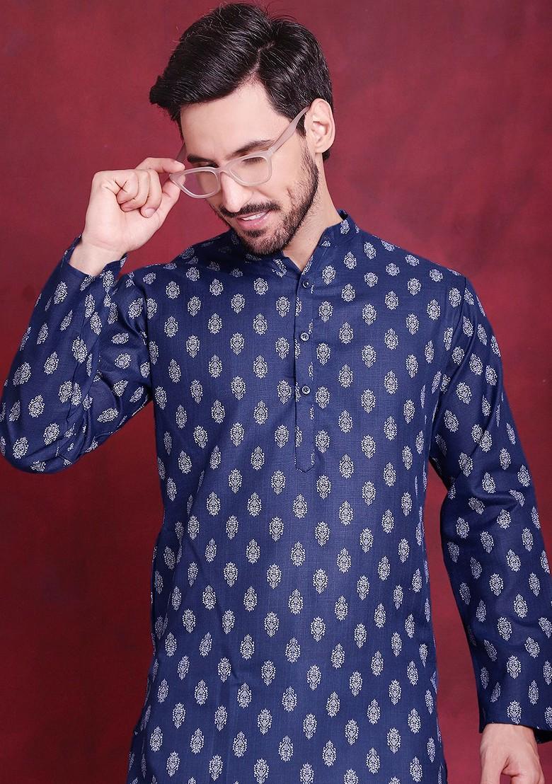Navy Blue Printed Poly Blend Kurta Set For Men