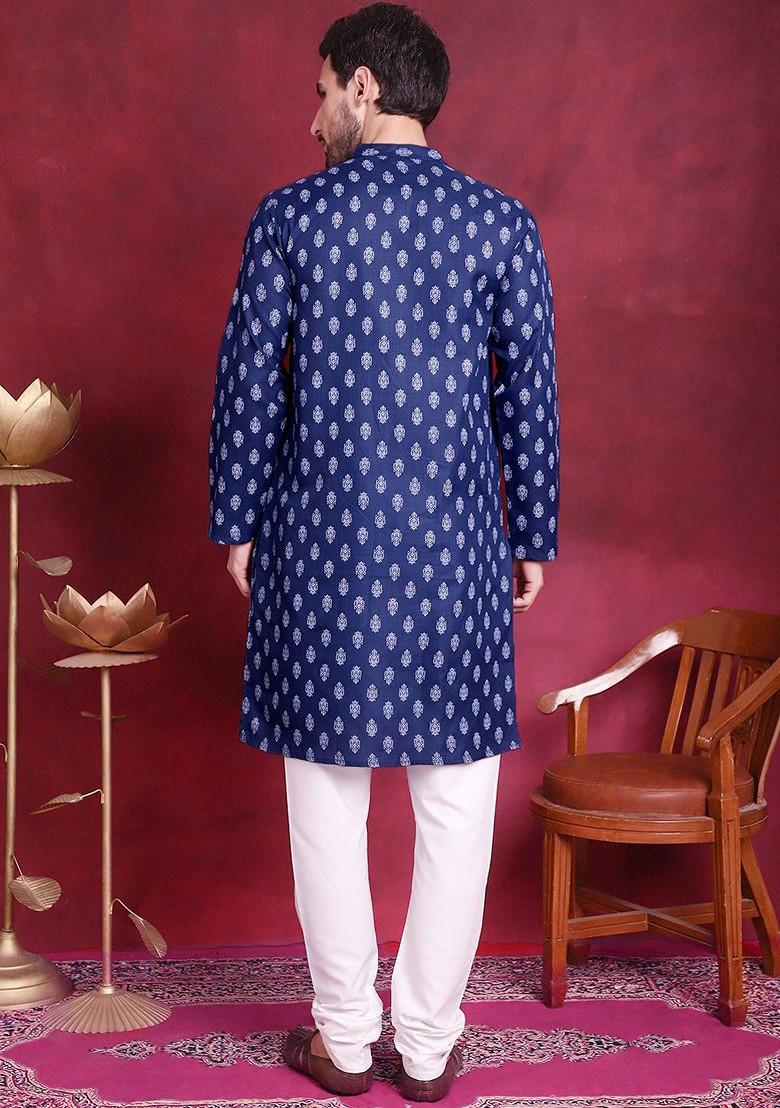 Navy Blue Printed Poly Blend Kurta Set For Men