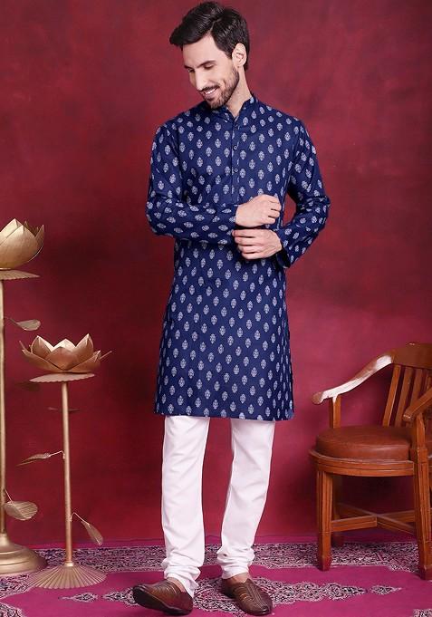 Navy Blue Printed Poly Blend Kurta Set For Men