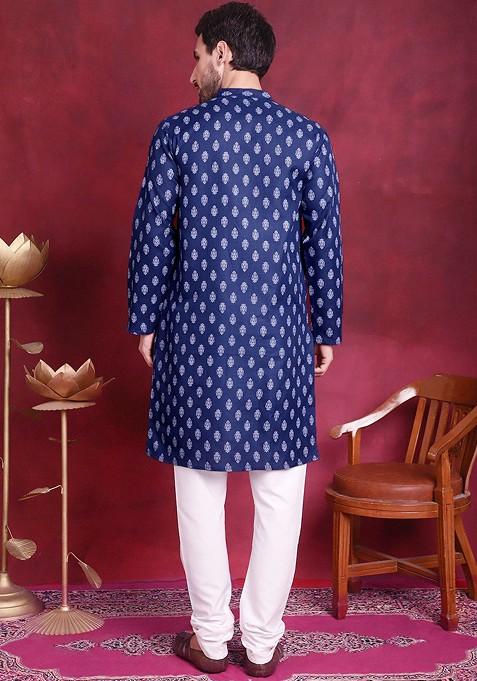 Navy Blue Printed Poly Blend Kurta Set For Men