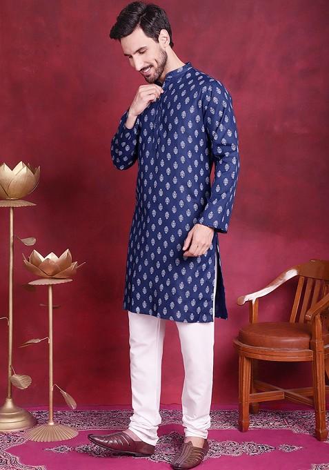 Navy Blue Printed Poly Blend Kurta Set For Men