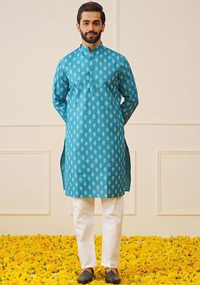 Teal Blue Printed Poly Blend Kurta Set For Men