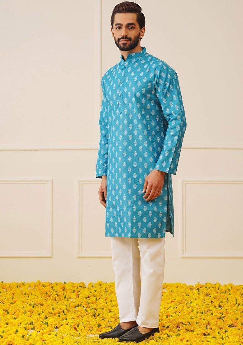 Teal Blue Printed Poly Blend Kurta Set For Men