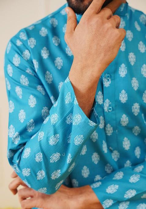 Teal Blue Printed Poly Blend Kurta Set For Men