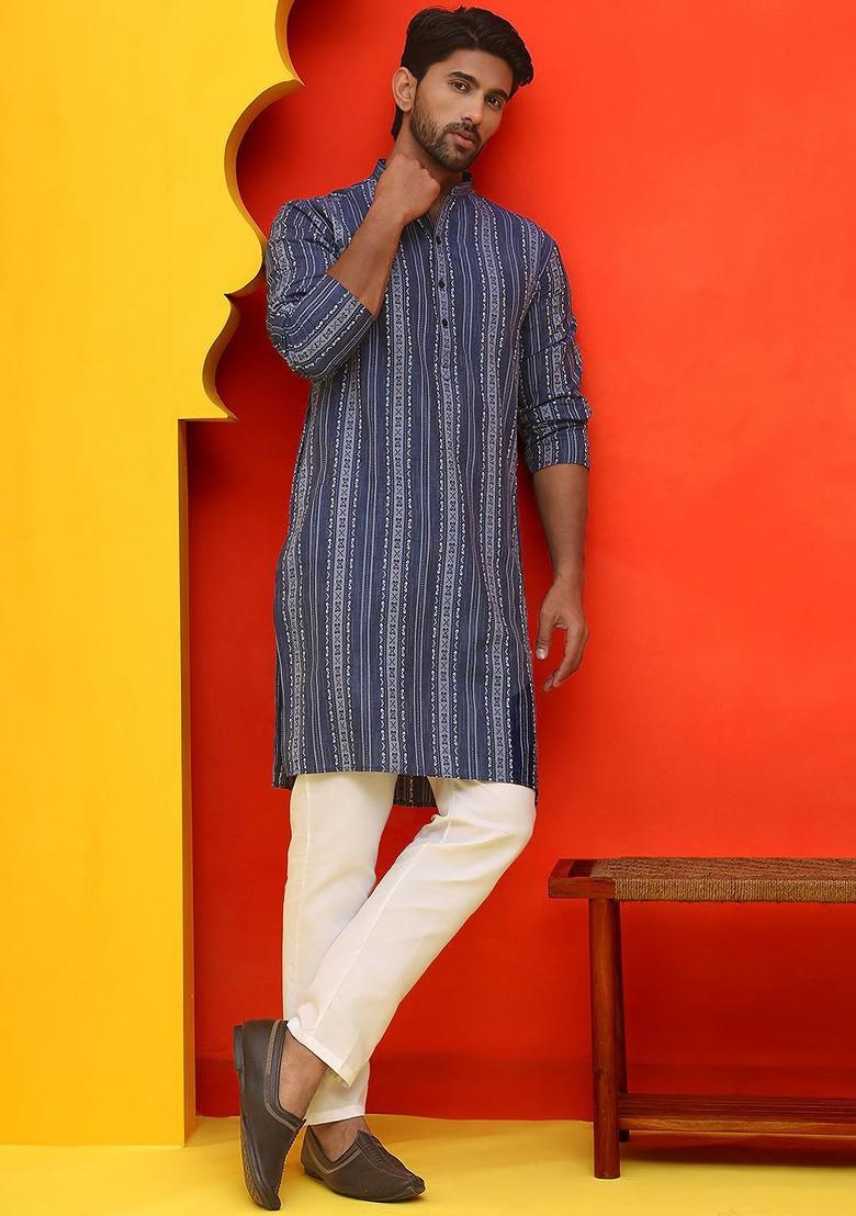 Blue Printed Poly Blend Kurta Set For Men