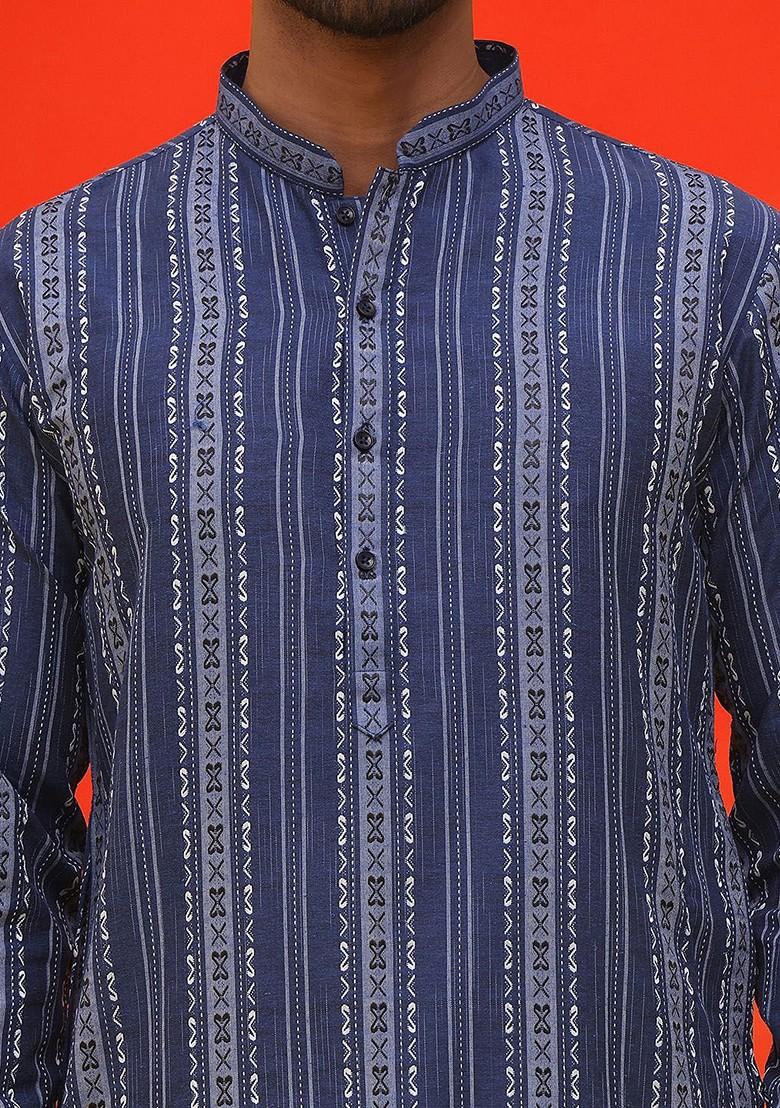 Blue Printed Poly Blend Kurta Set For Men
