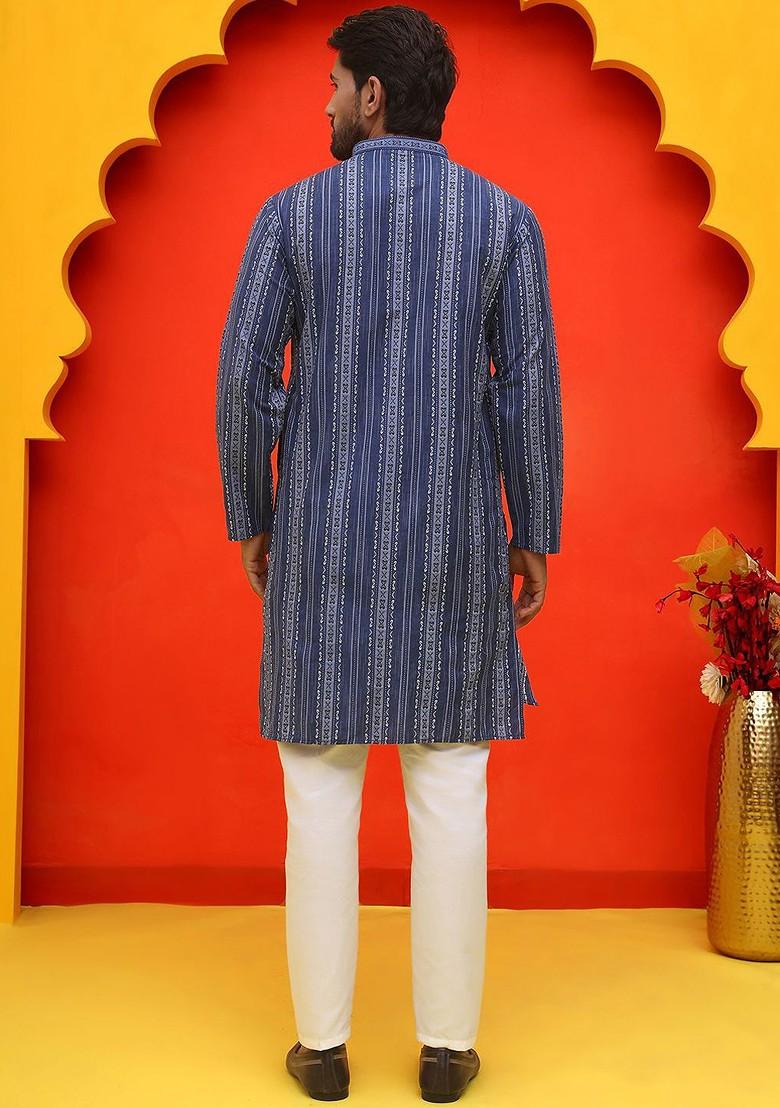 Blue Printed Poly Blend Kurta Set For Men