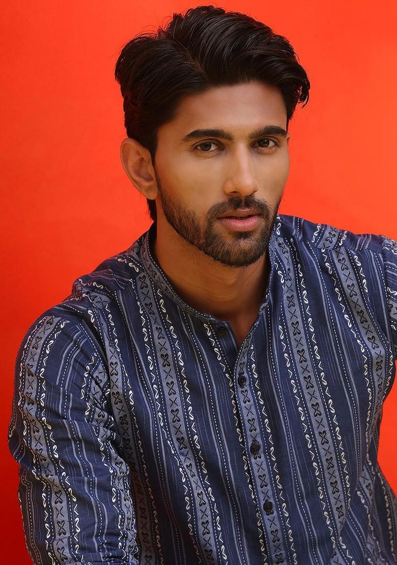 Blue Printed Poly Blend Kurta Set For Men