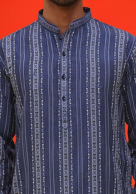 Blue Printed Poly Blend Kurta Set For Men