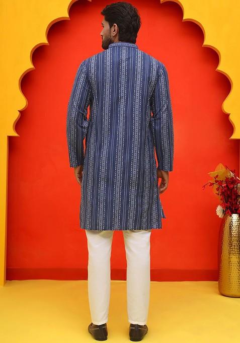 Blue Printed Poly Blend Kurta Set For Men