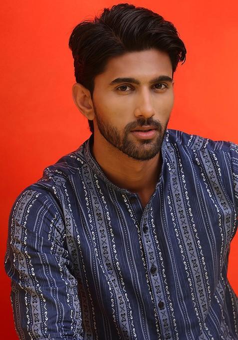 Blue Printed Poly Blend Kurta Set For Men