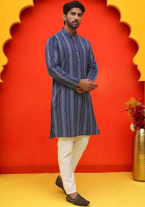 Blue Printed Poly Blend Kurta Set For Men