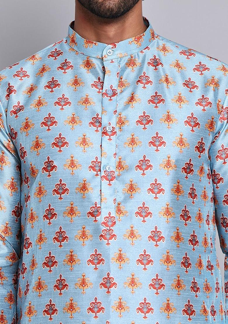 Blue Printed Poly Blend Kurta Set For Men