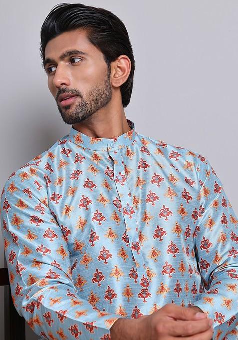 Blue Printed Poly Blend Kurta Set For Men