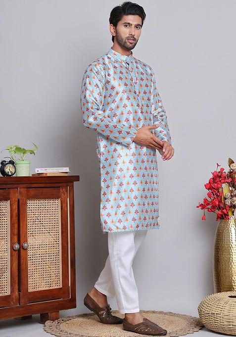 Blue Printed Poly Blend Kurta Set For Men