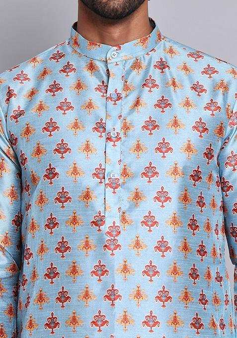 Blue Printed Poly Blend Kurta Set For Men