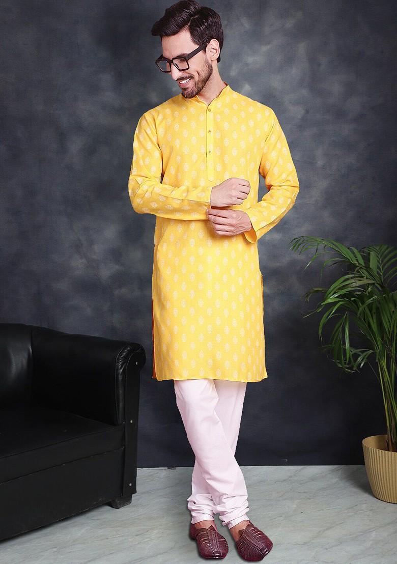 Yellow Printed Poly Blend Kurta Set For Men