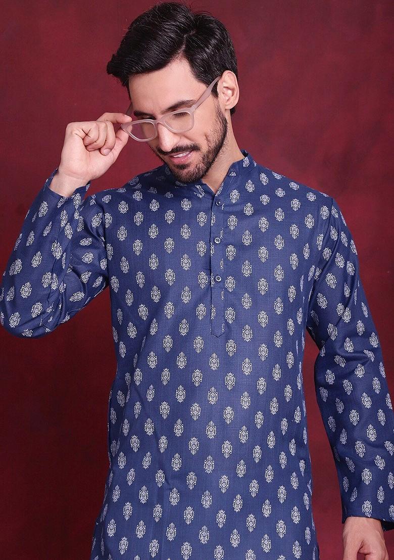 Navy Blue Printed Poly Blend Kurta Set For Men