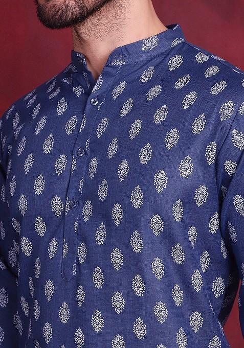 Navy Blue Printed Poly Blend Kurta Set For Men
