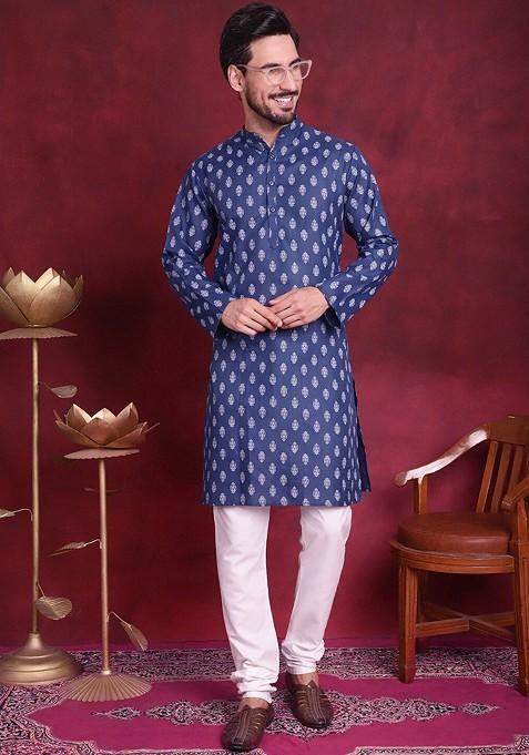 Navy Blue Printed Poly Blend Kurta Set For Men