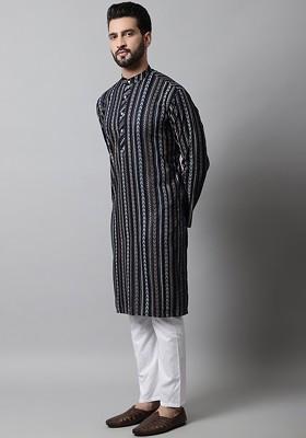Navy Blue Printed Poly Blend Kurta Set For Men