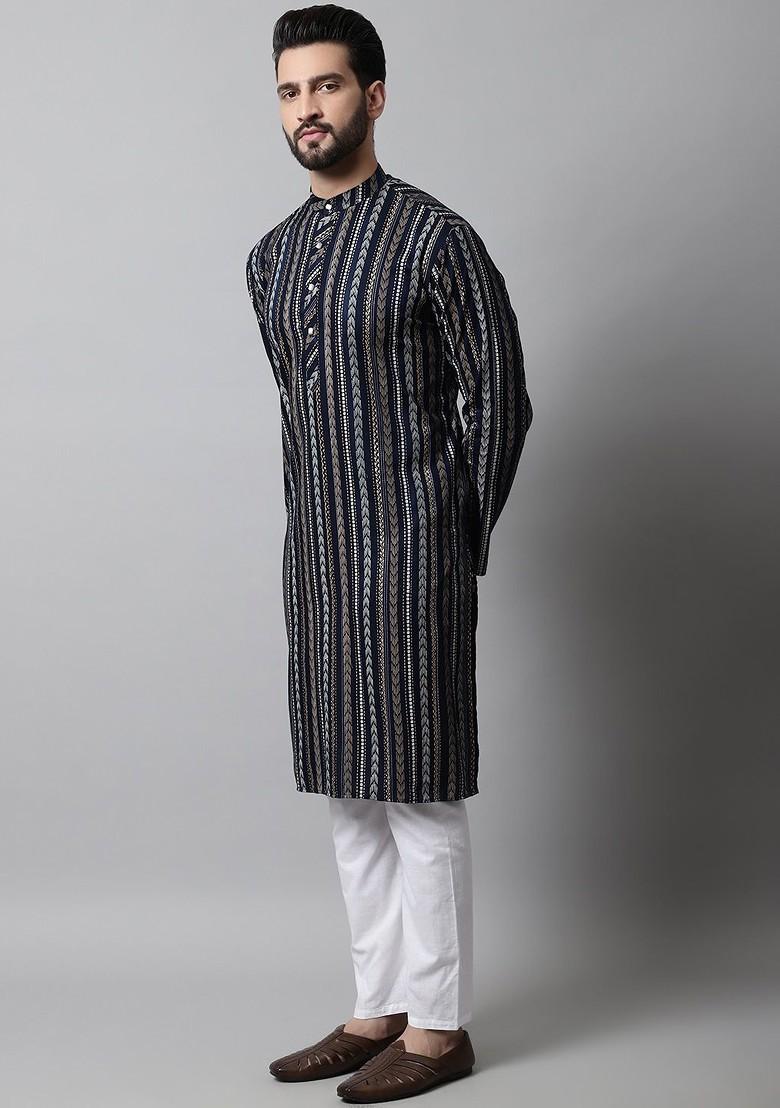 Navy Blue Printed Poly Blend Kurta Set For Men