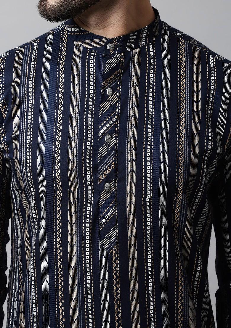 Navy Blue Printed Poly Blend Kurta Set For Men